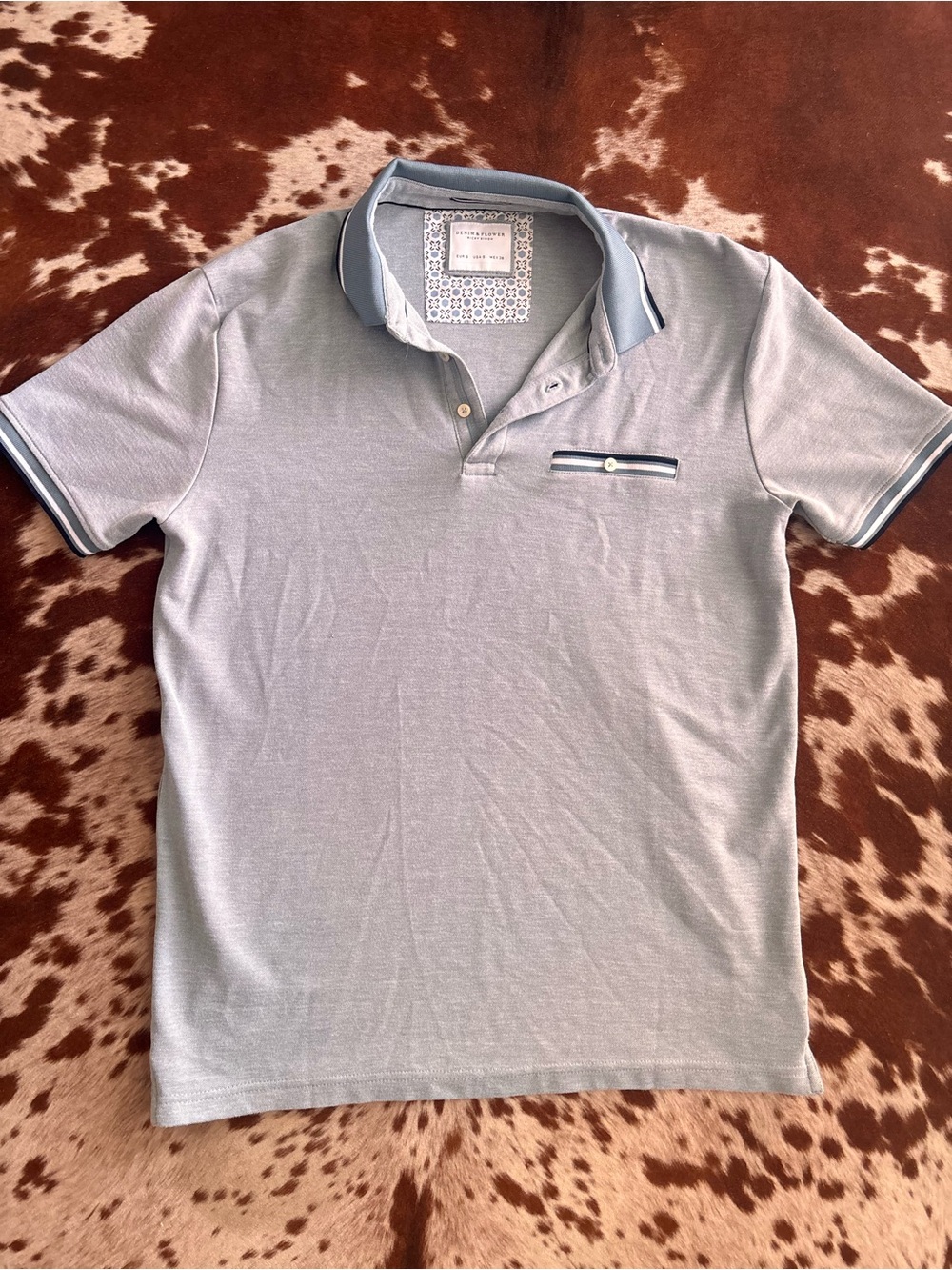 Denim & Flower Light Blue Polo with Navy Trim Detail